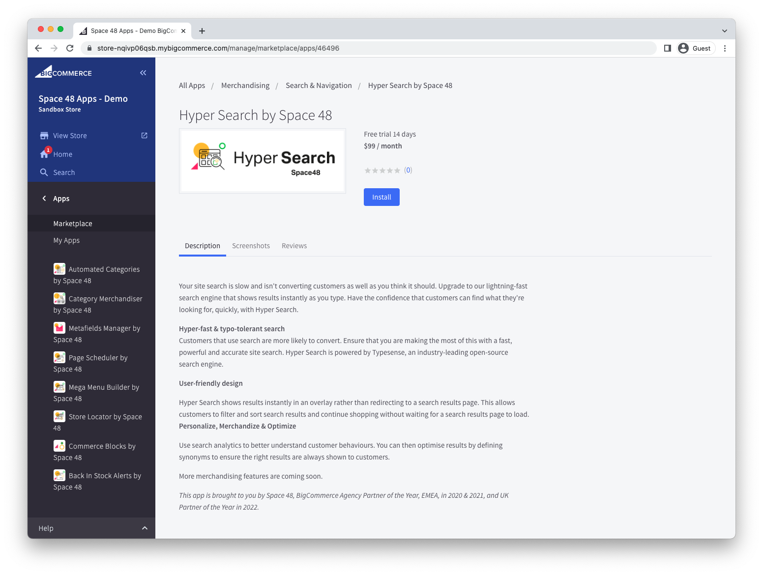 Hyper Search installation page in BigCommerce