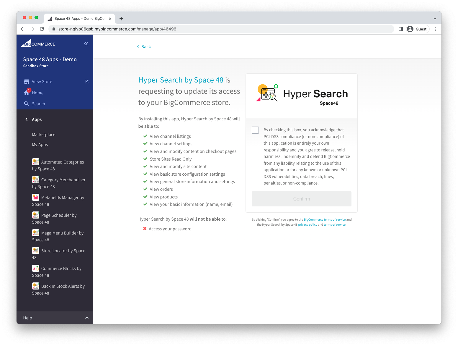 BigCommerce permission confirmation for Hyper Search