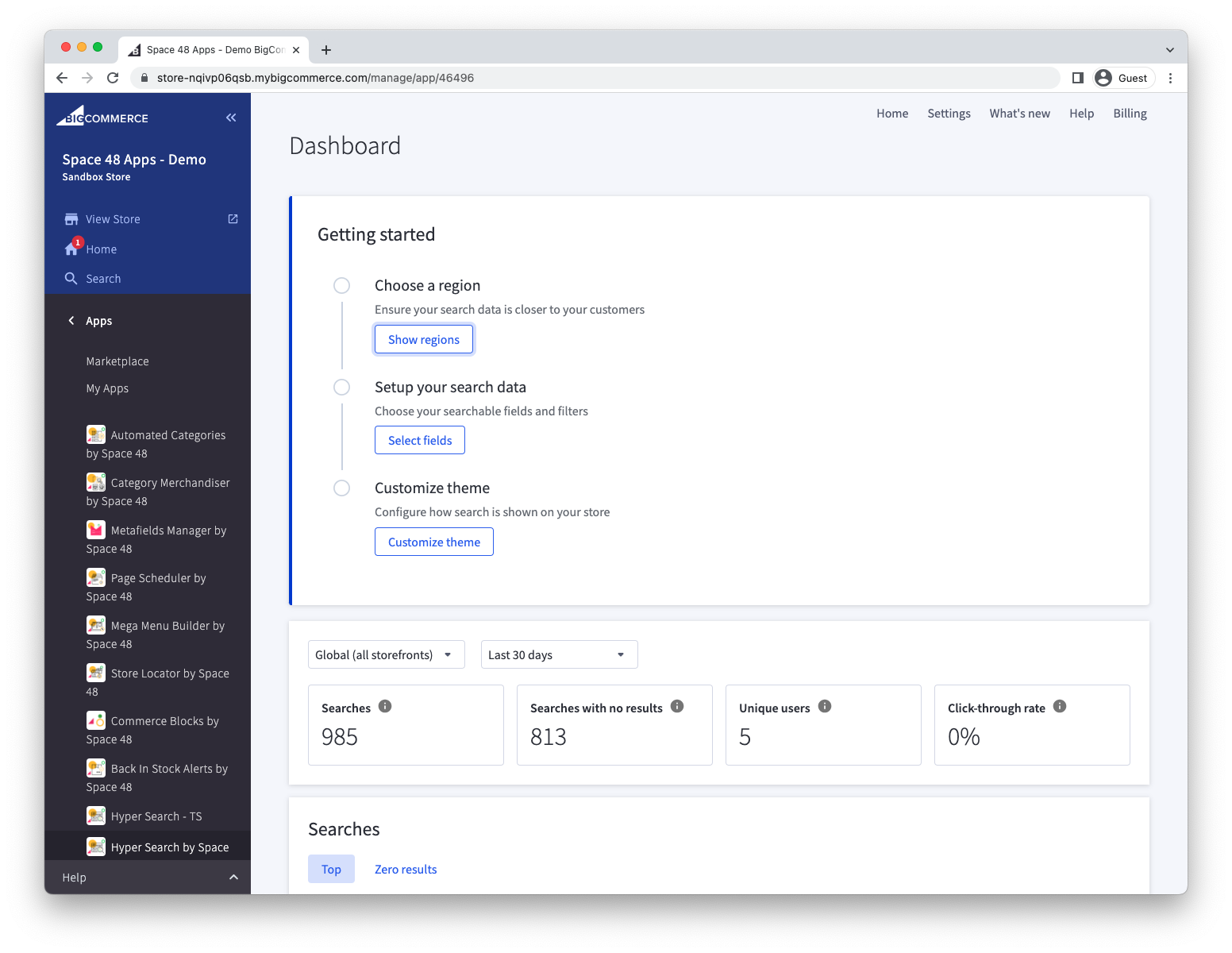 Hyper Search welcome screen showing the setup steps