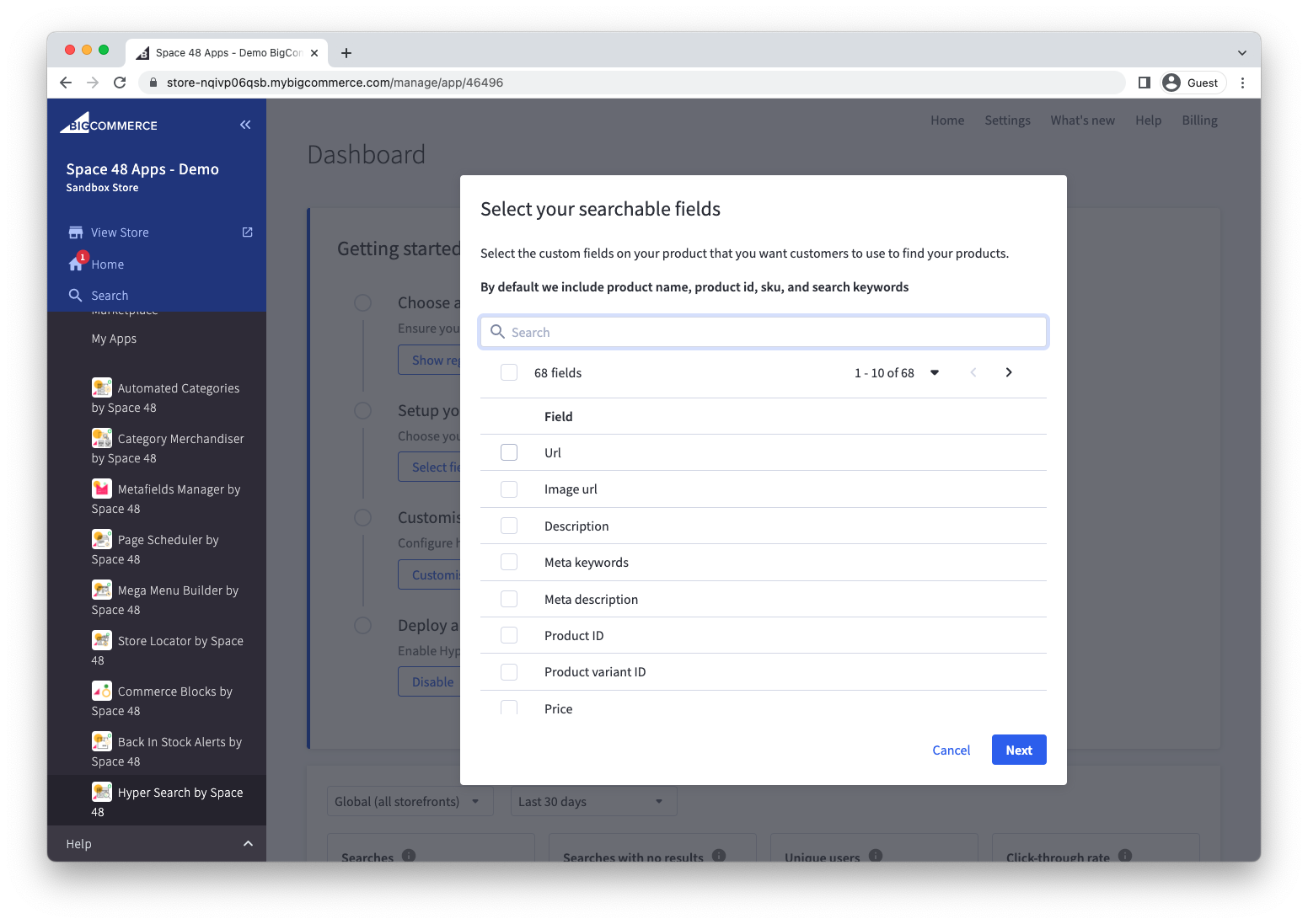 Indexed product fields selected during setup