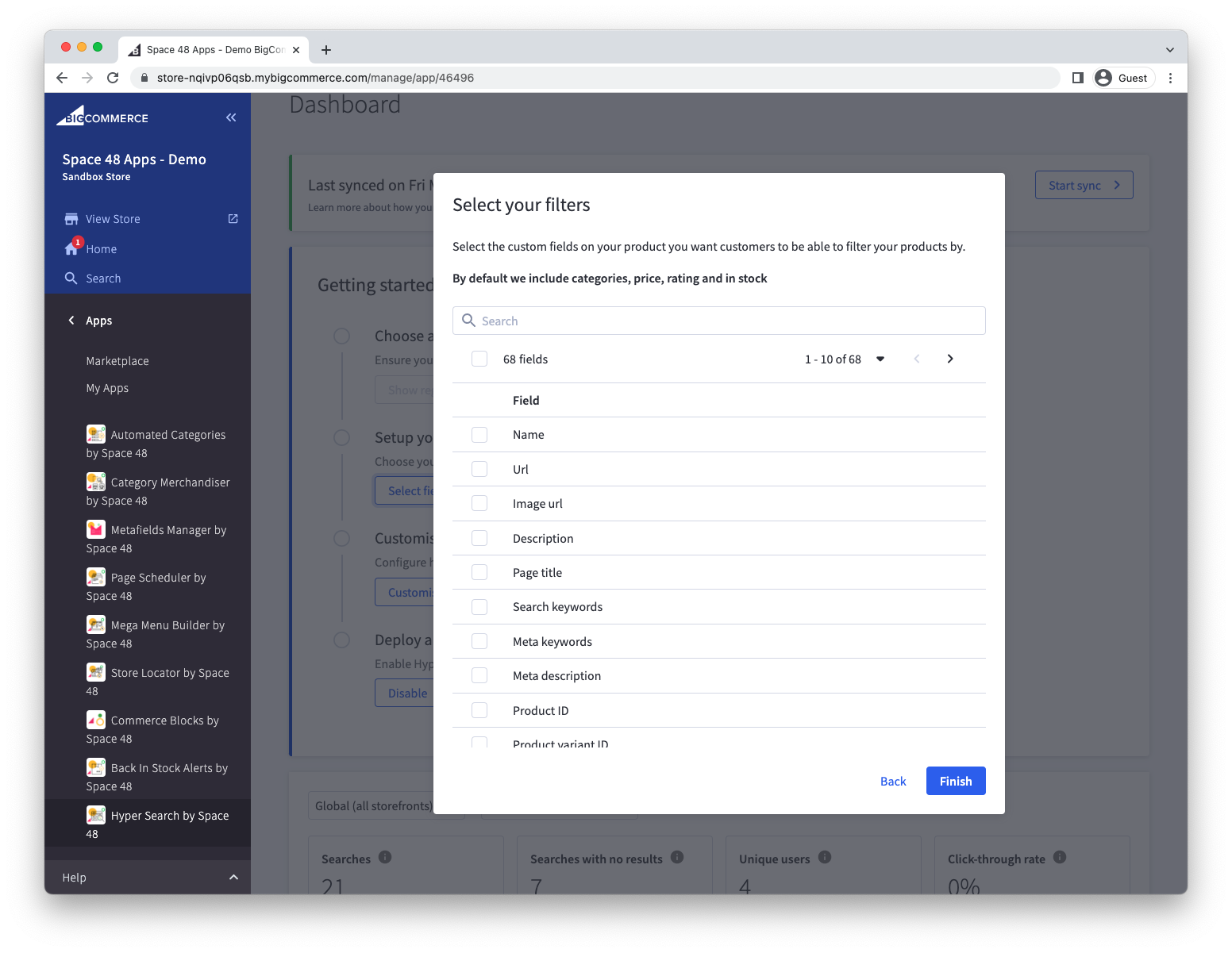 Search filters selected during setup