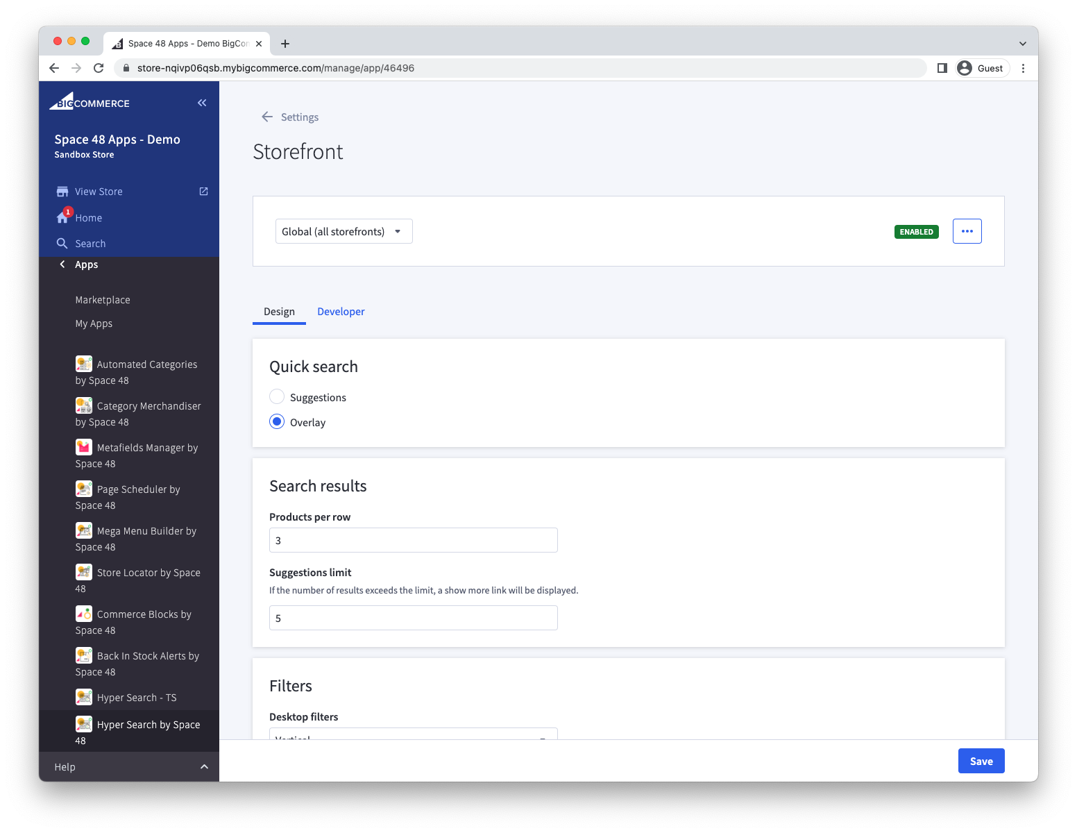 Hyper Search storefront integration and design settings
