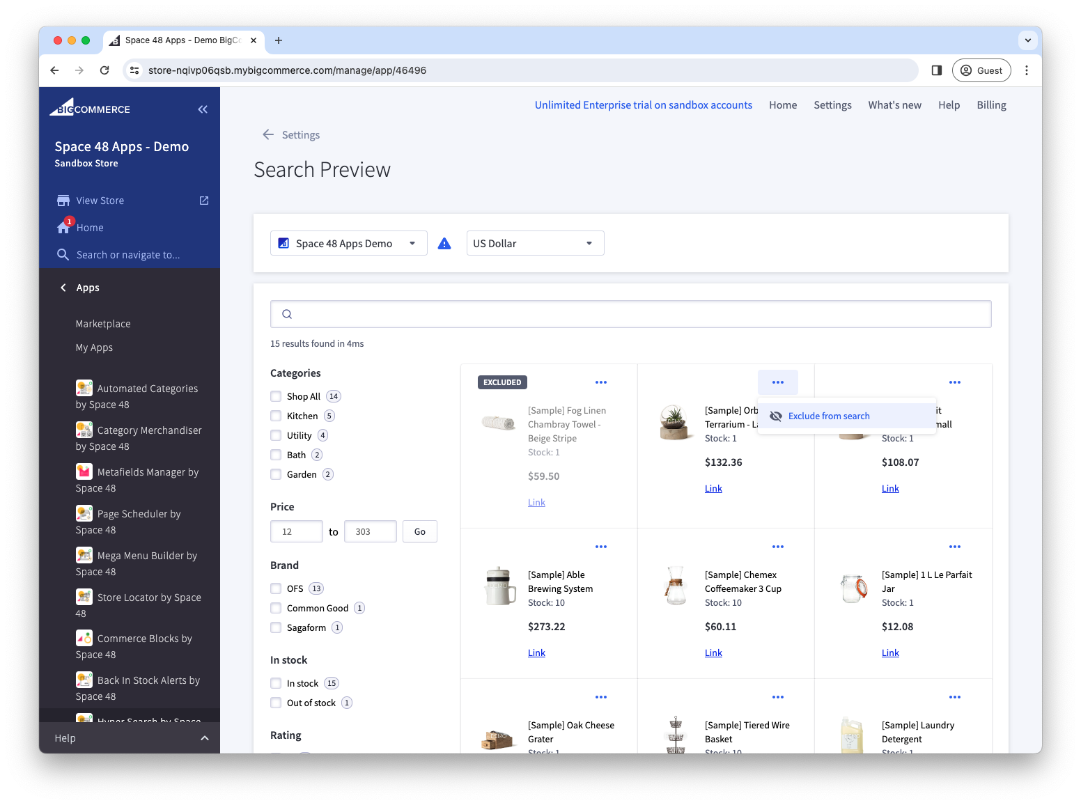 Product exclusion control in the search preview