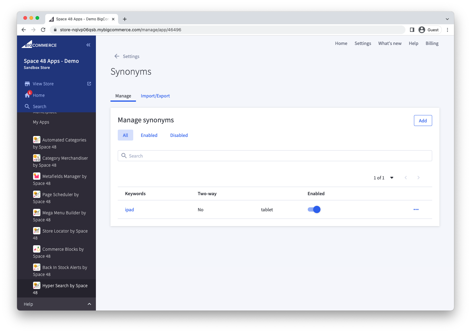 Synonym groups listed in Hyper Search settings