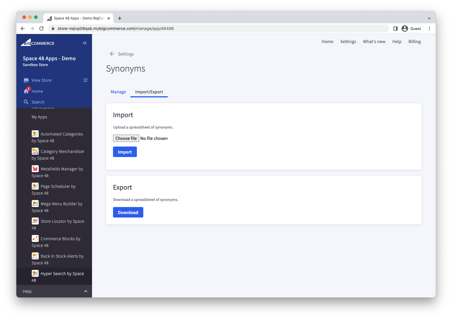 Spreadsheet import and export controls for synonyms