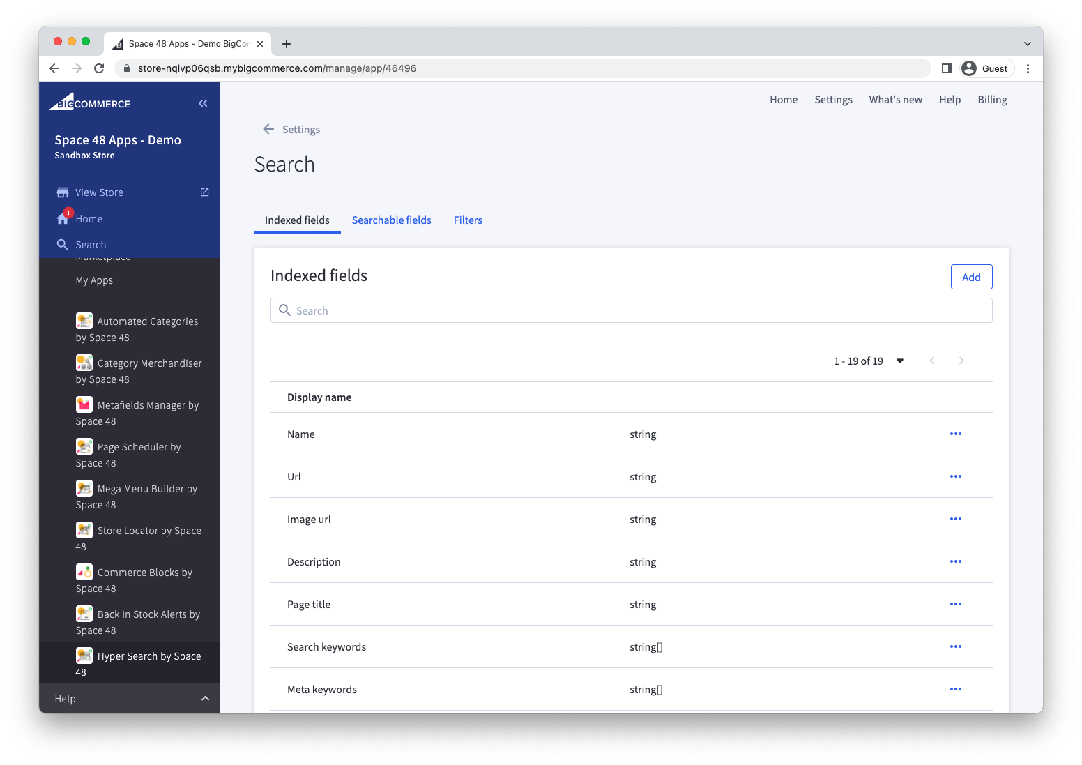 Indexed fields configured in Hyper Search