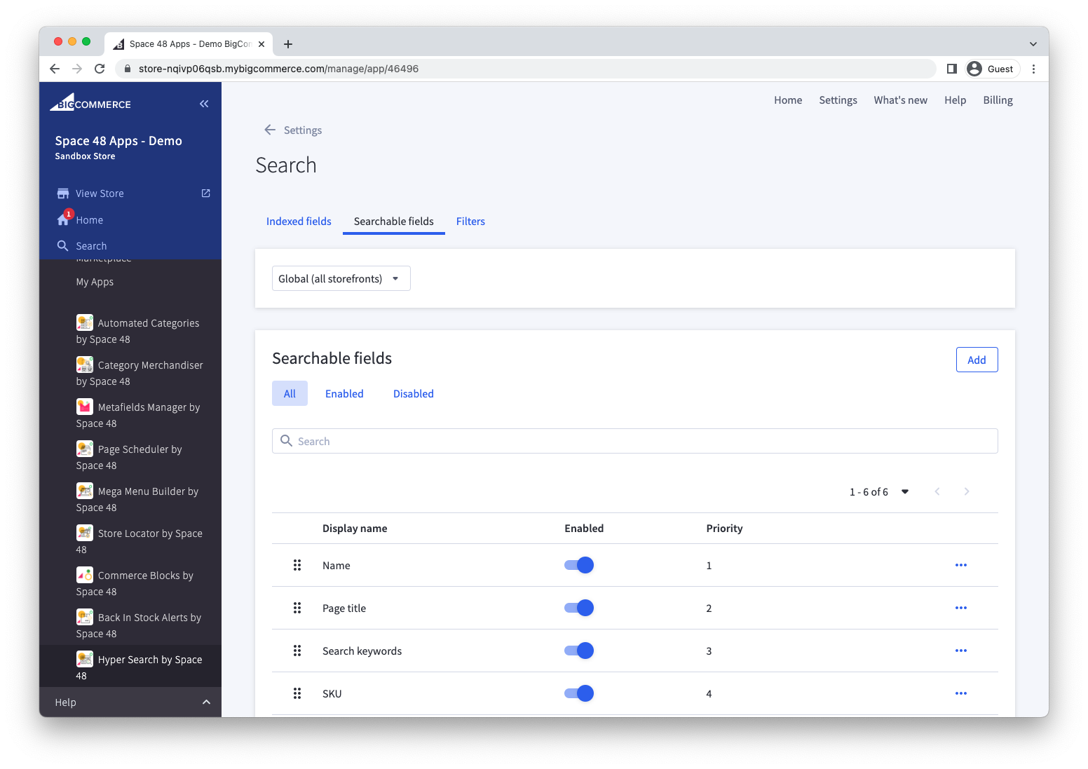 Searchable product fields configured in Hyper Search