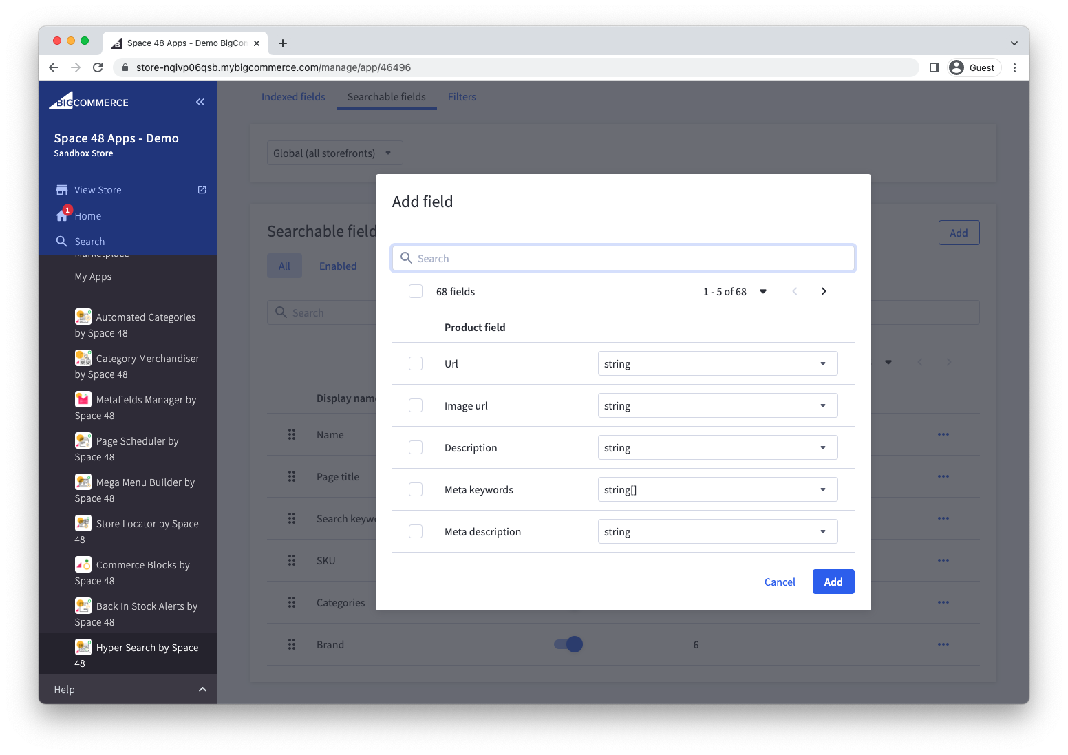 Dialog for adding a searchable field