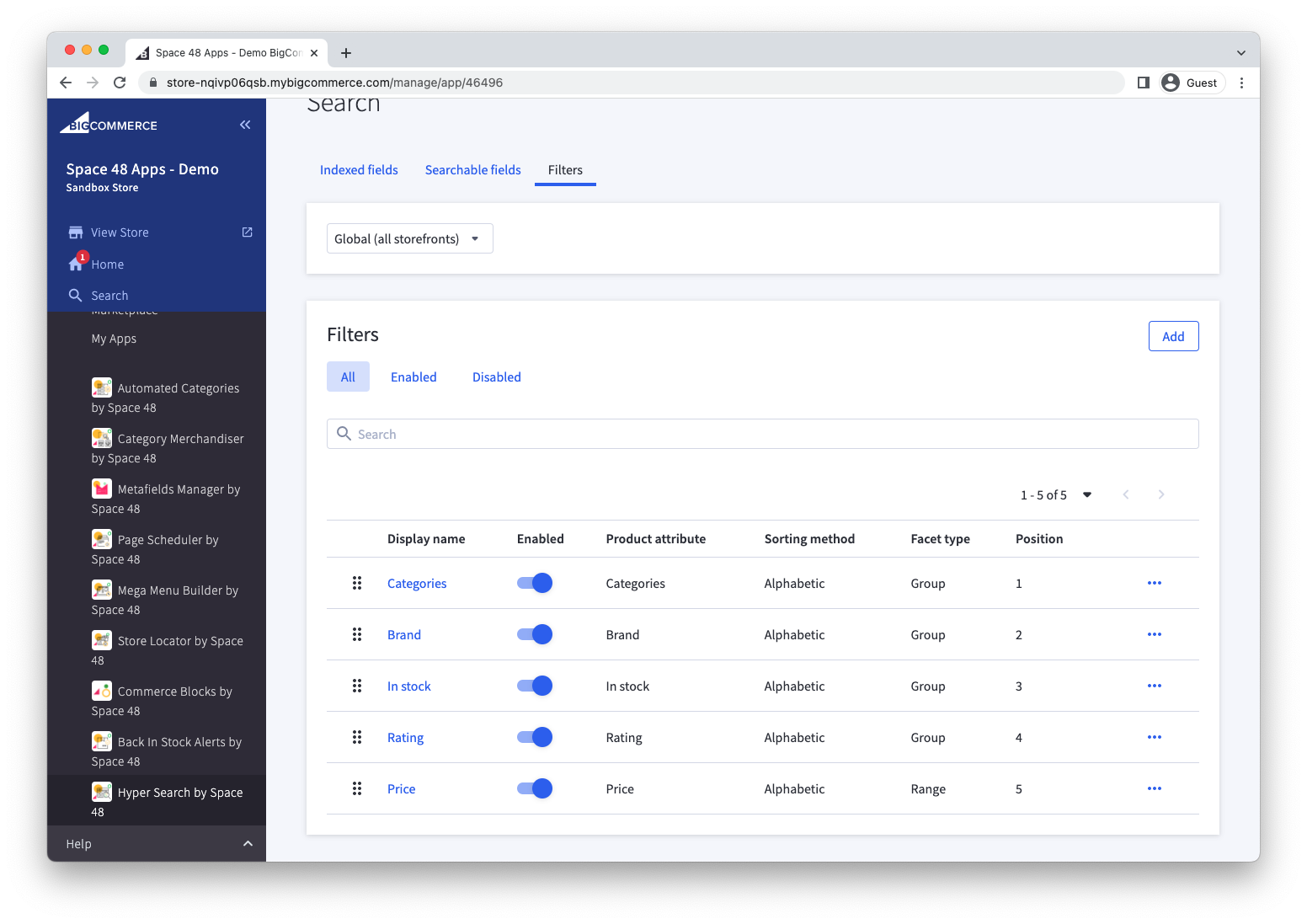 Search filters listed in their storefront display order