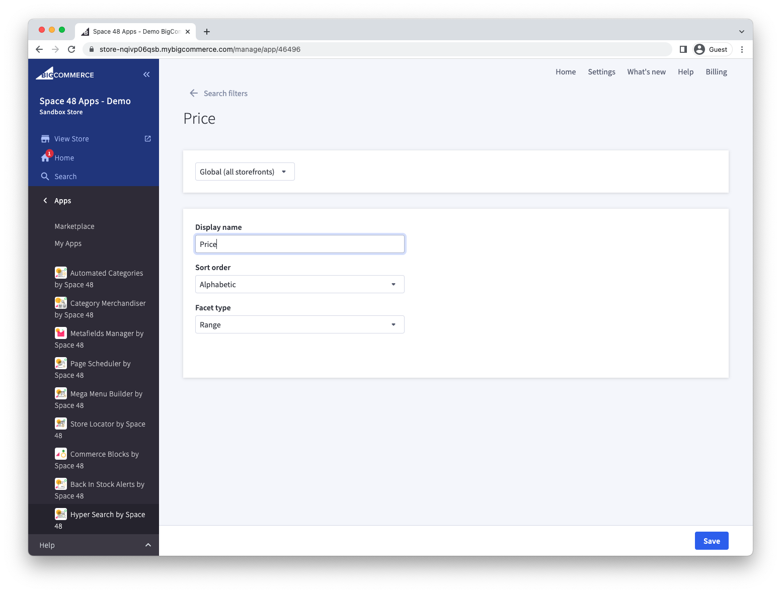 Display name setting for a search filter