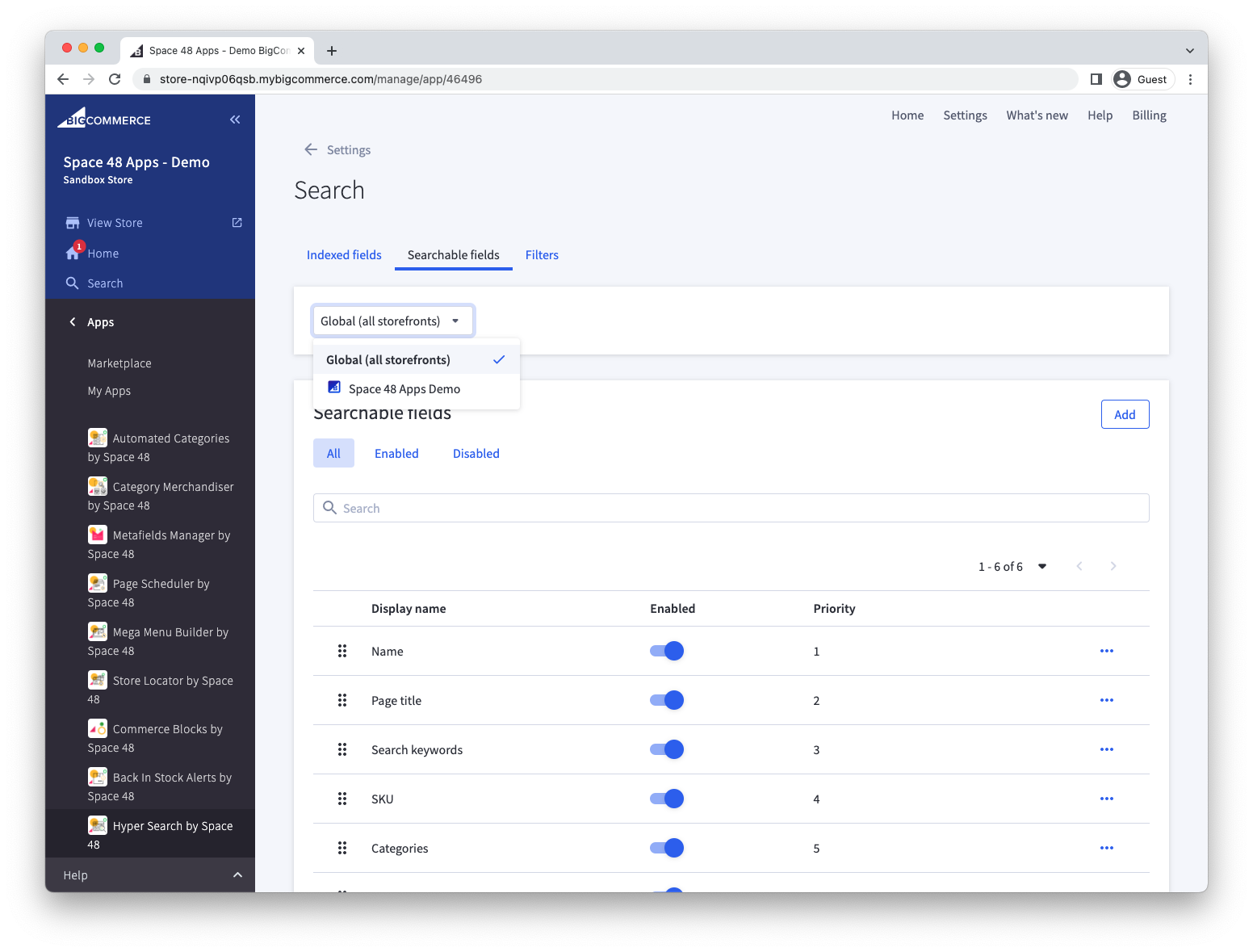 Storefront selector used to choose a BigCommerce channel