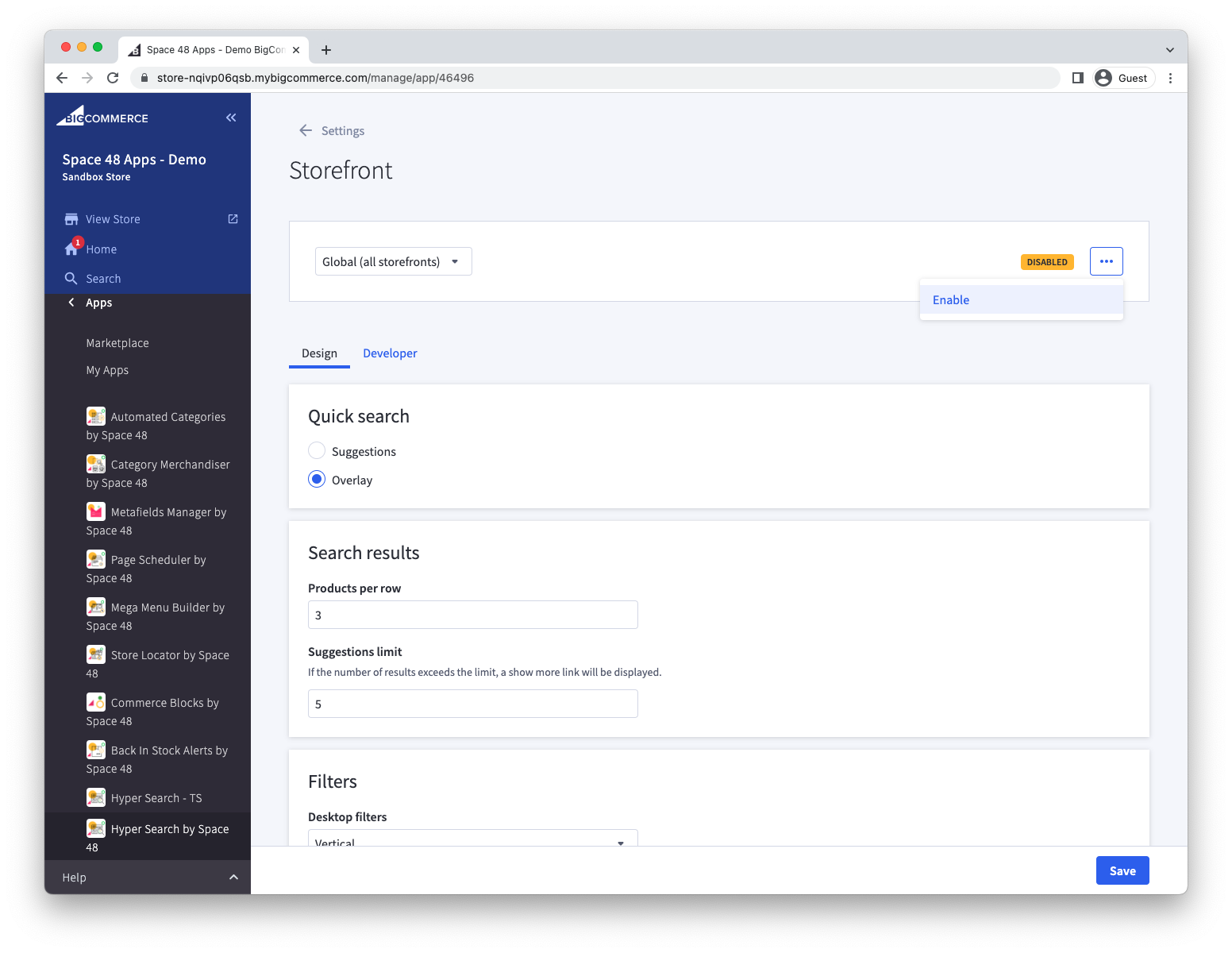 Storefront integration enabled in Hyper Search settings