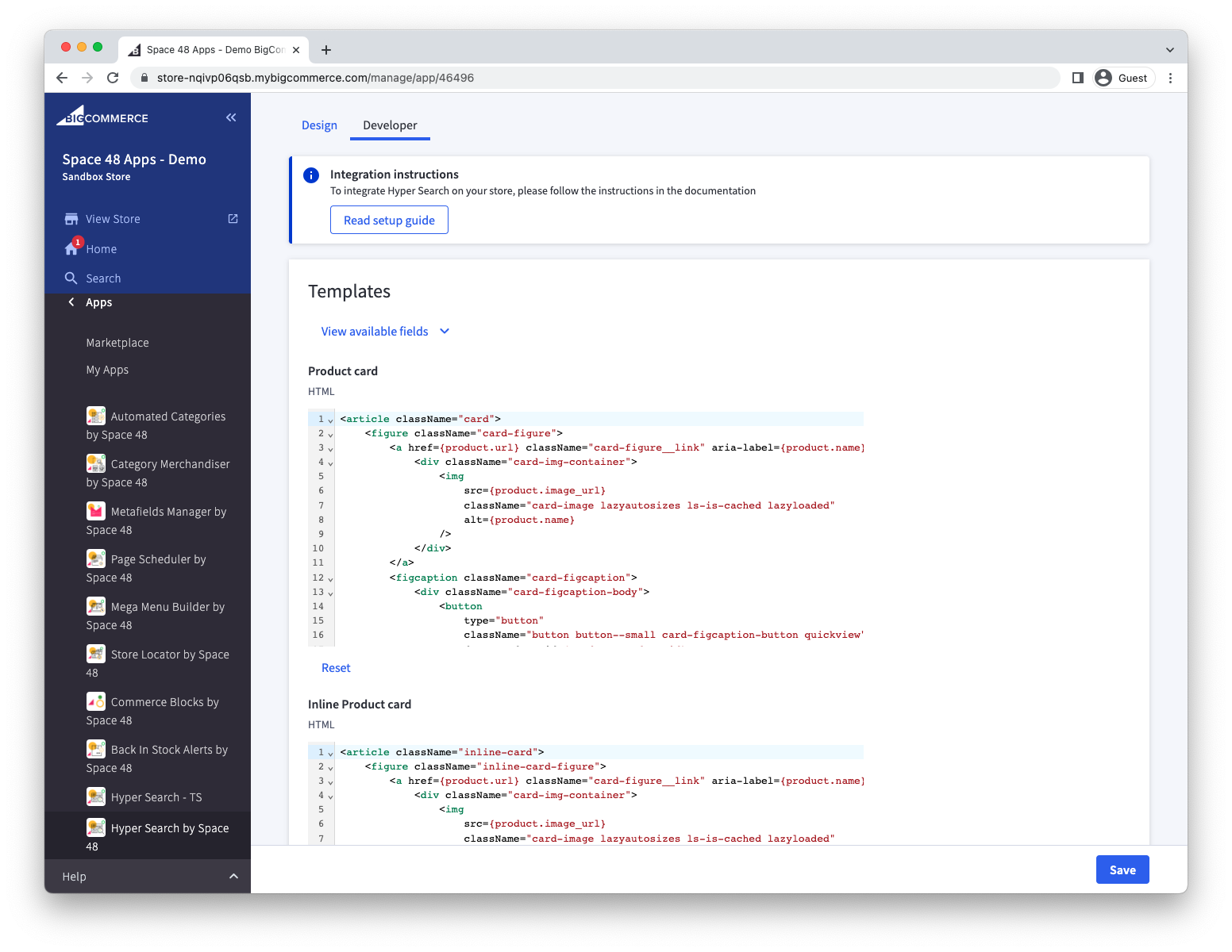 Developer tab containing the Hyper Search product card template