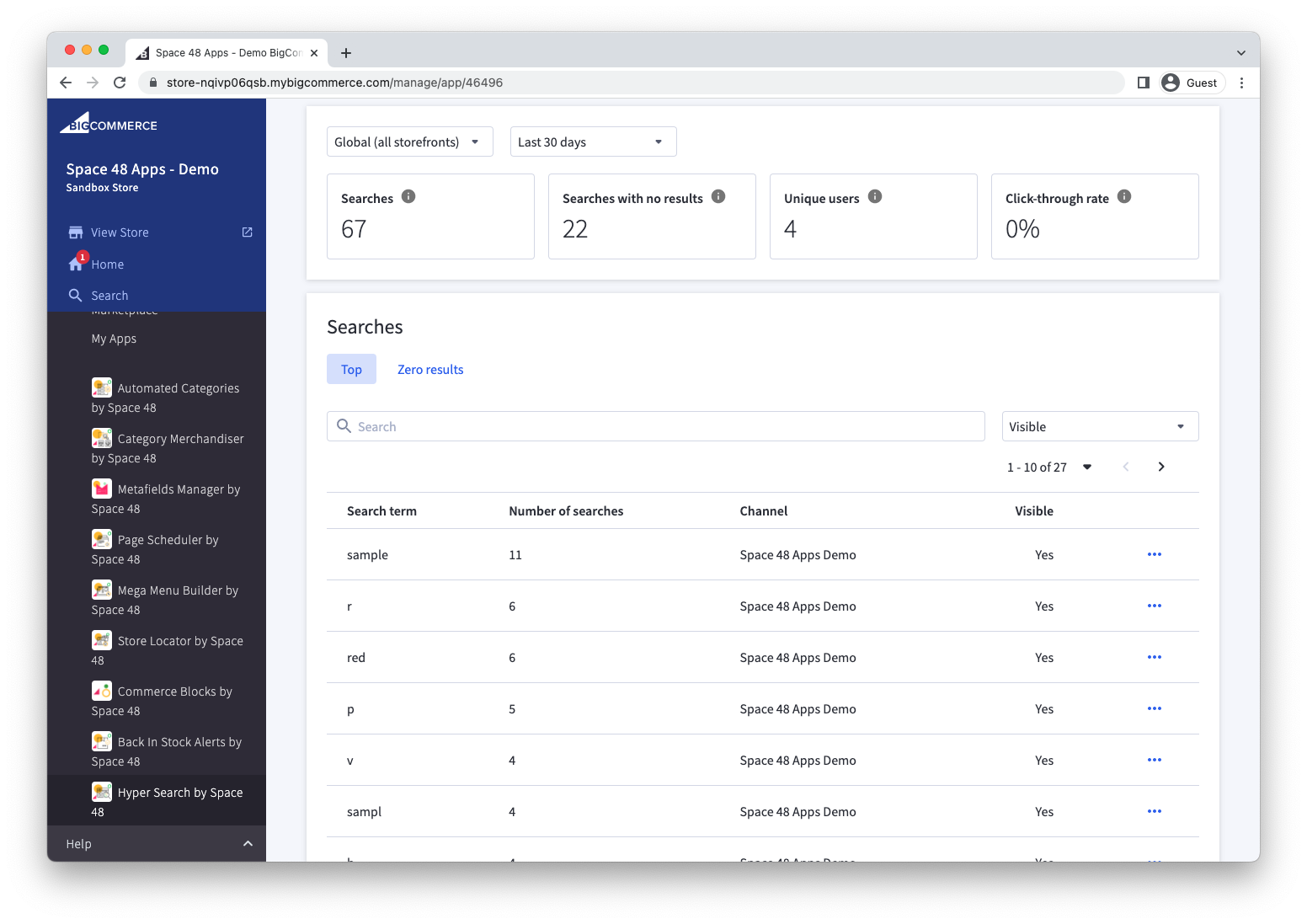 Dashboard chart and table of the most popular search terms