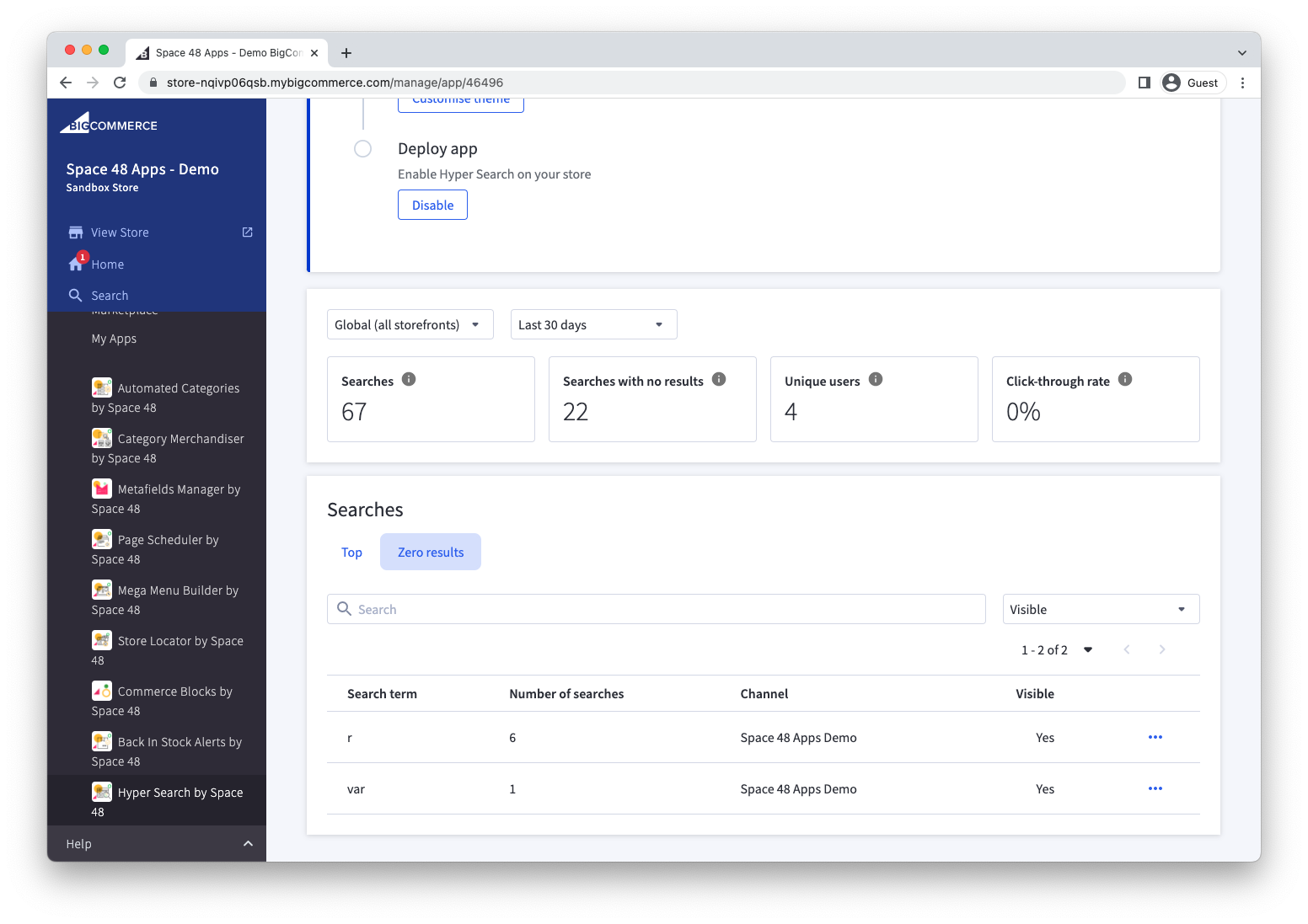 Analytics table of customer searches that returned no results