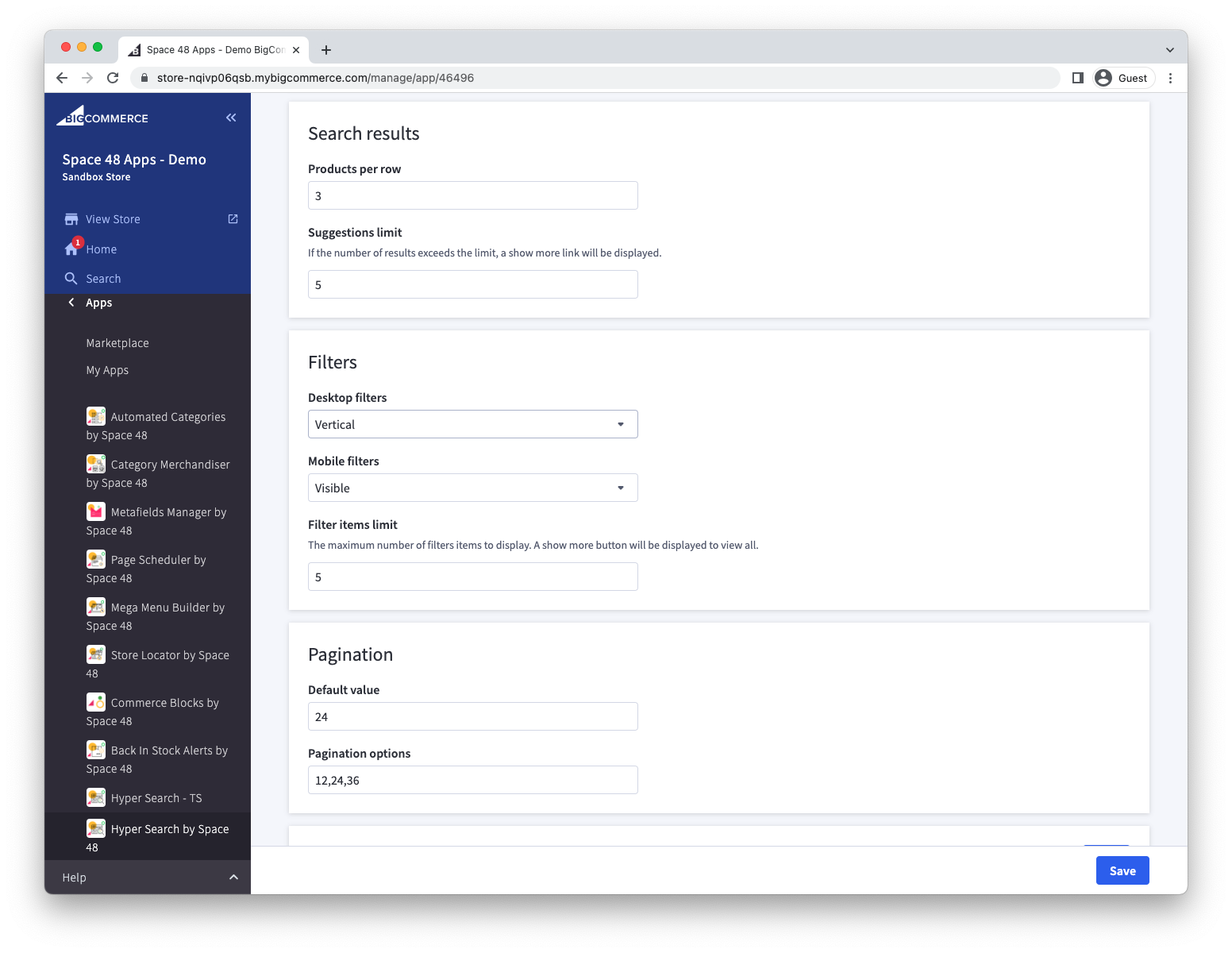 Hyper Search filter layout and category filter settings
