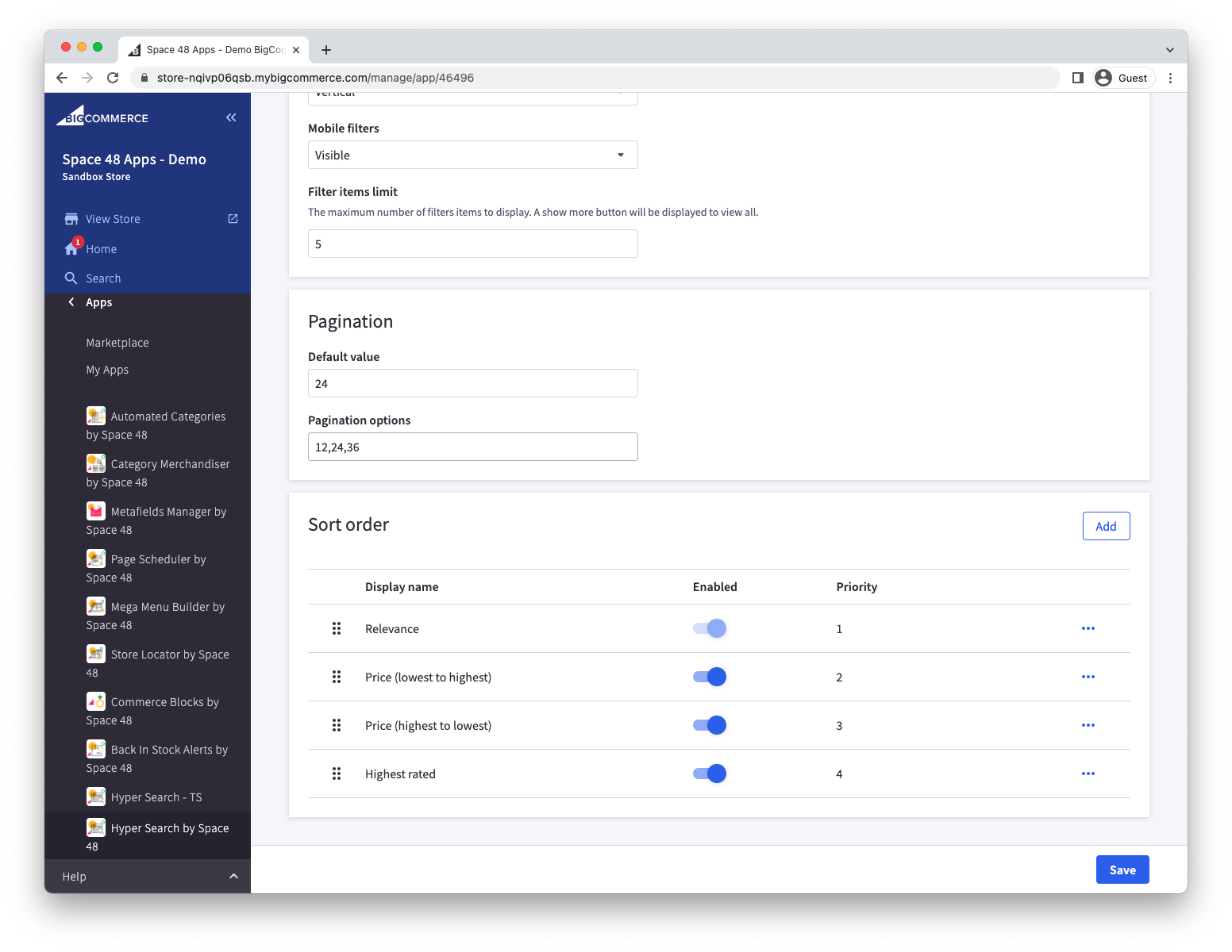 Sort order settings for storefront search results