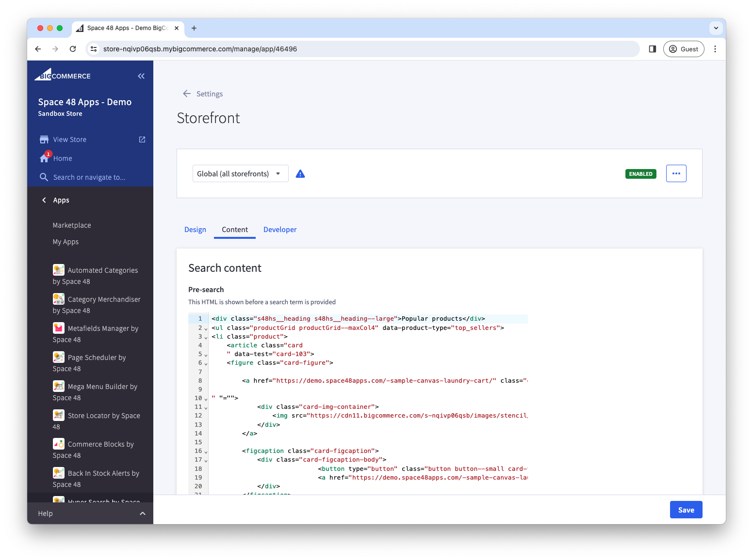 Custom HTML entered for the pre-search overlay