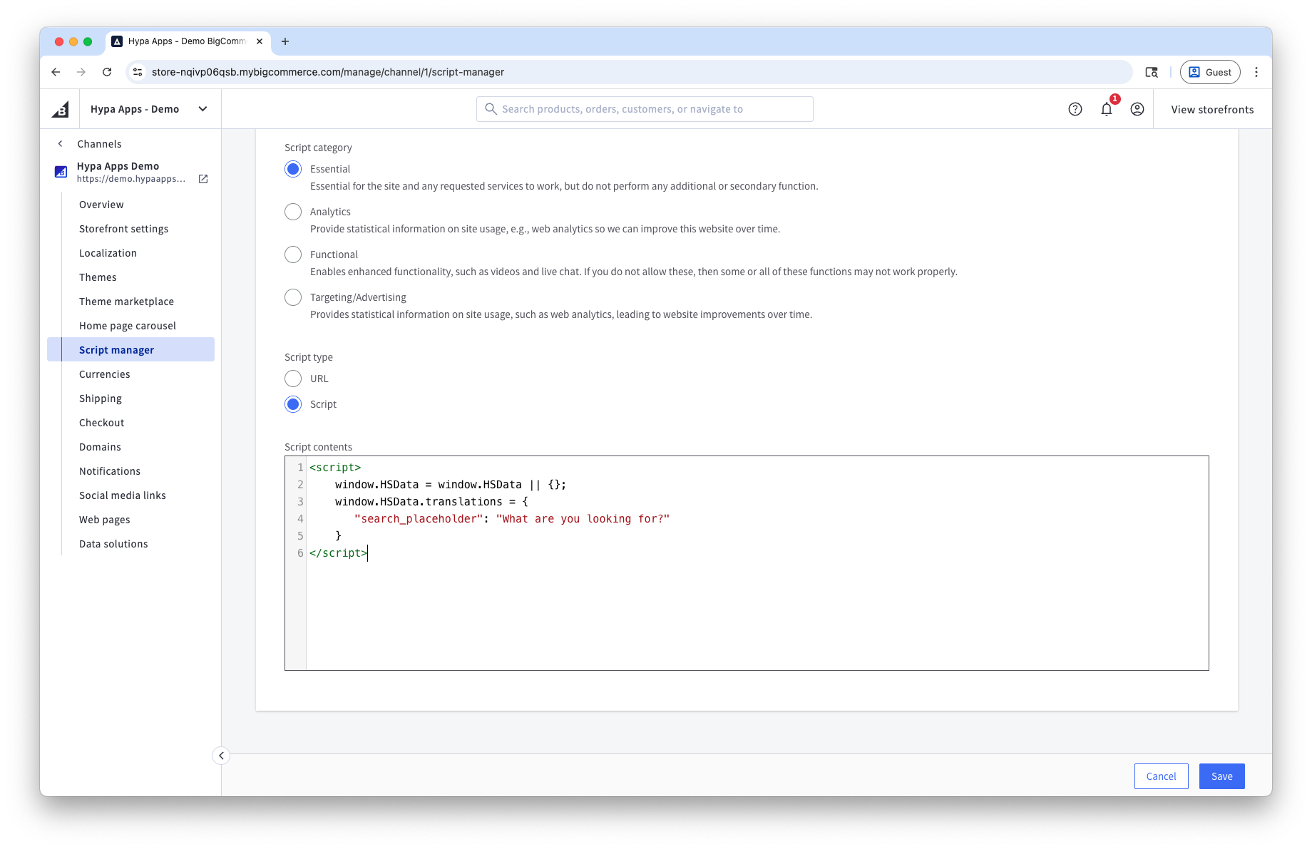 BigCommerce Script Manager entry containing a Hyper Search HSData override